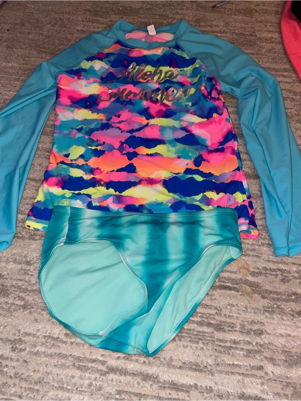 Justice Girls Turquoise Long-Sleeve Rashguard with Neon Multi Print